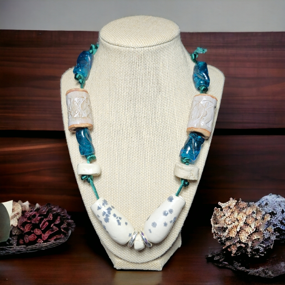 Hand-made necklace with ceramic and glass beads